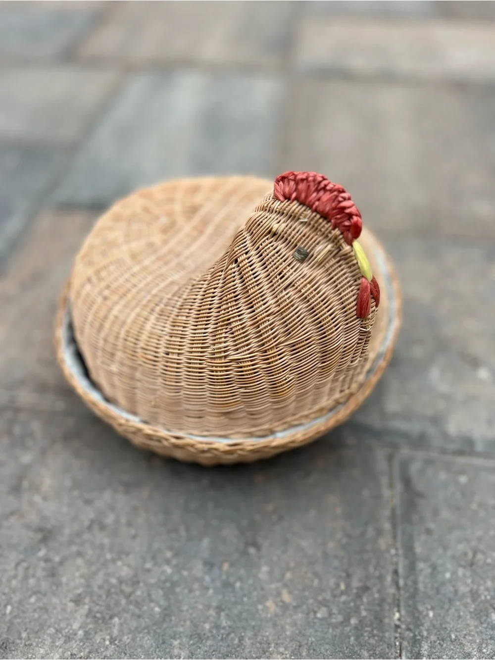 Vintage Wicker Hen Basket with Lid Blue-Lined, PRC Export Label, Collectible